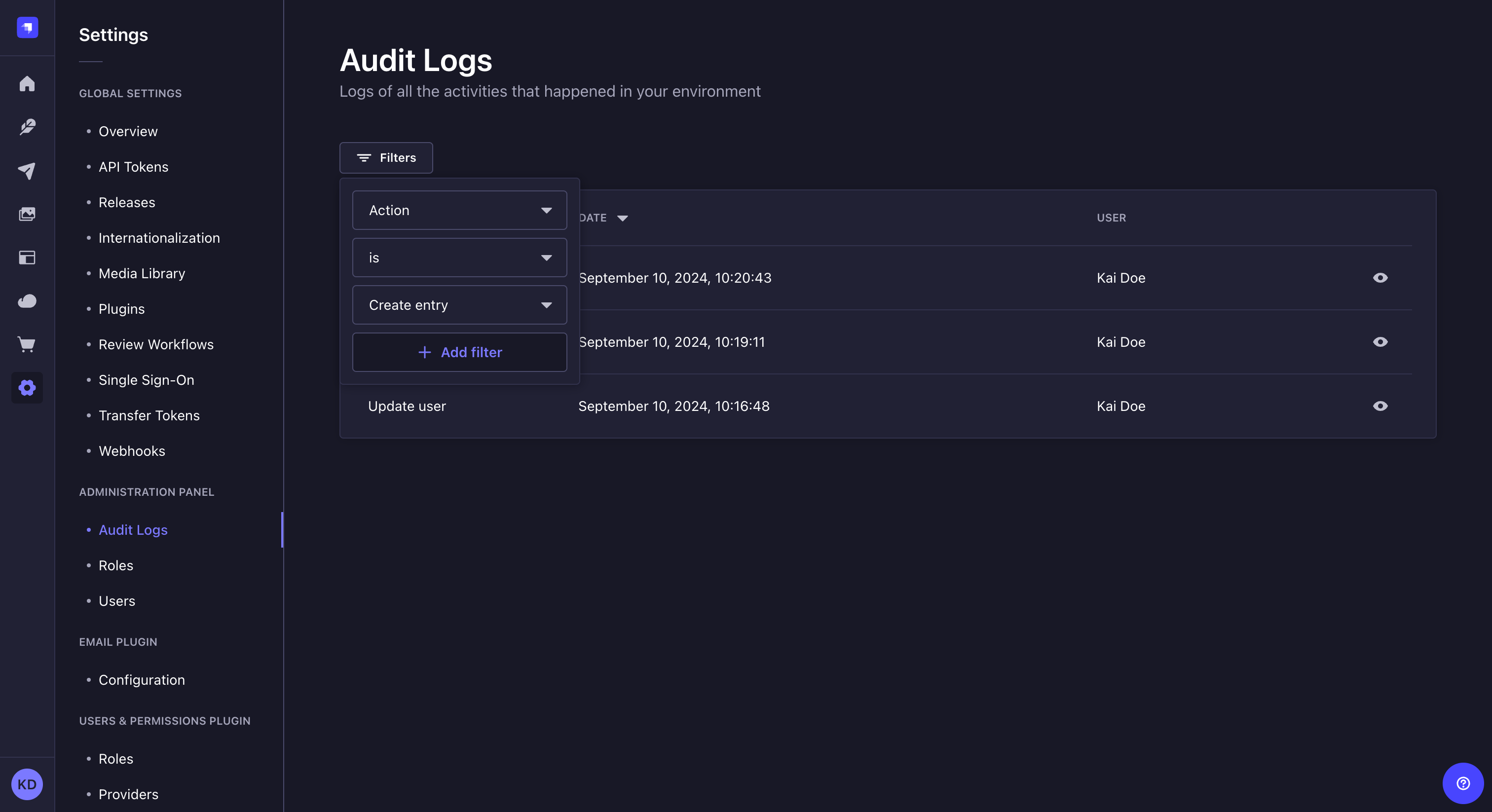 Audit Logs filters